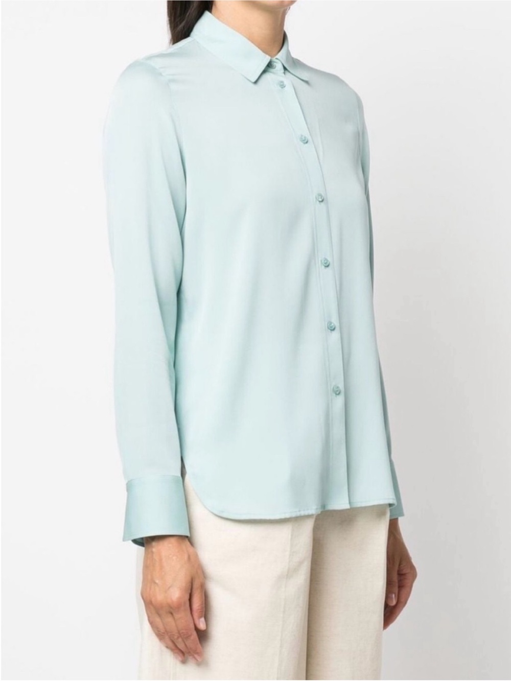 Vince 92% Silk Stretch-Silk Button-Down Blouse | Pale Aqua | L